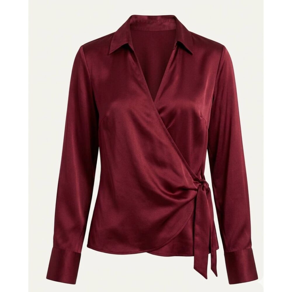 Vintage Ann Taylor 100% Silk Wrap Blouse Burgundy Size 8 Medium